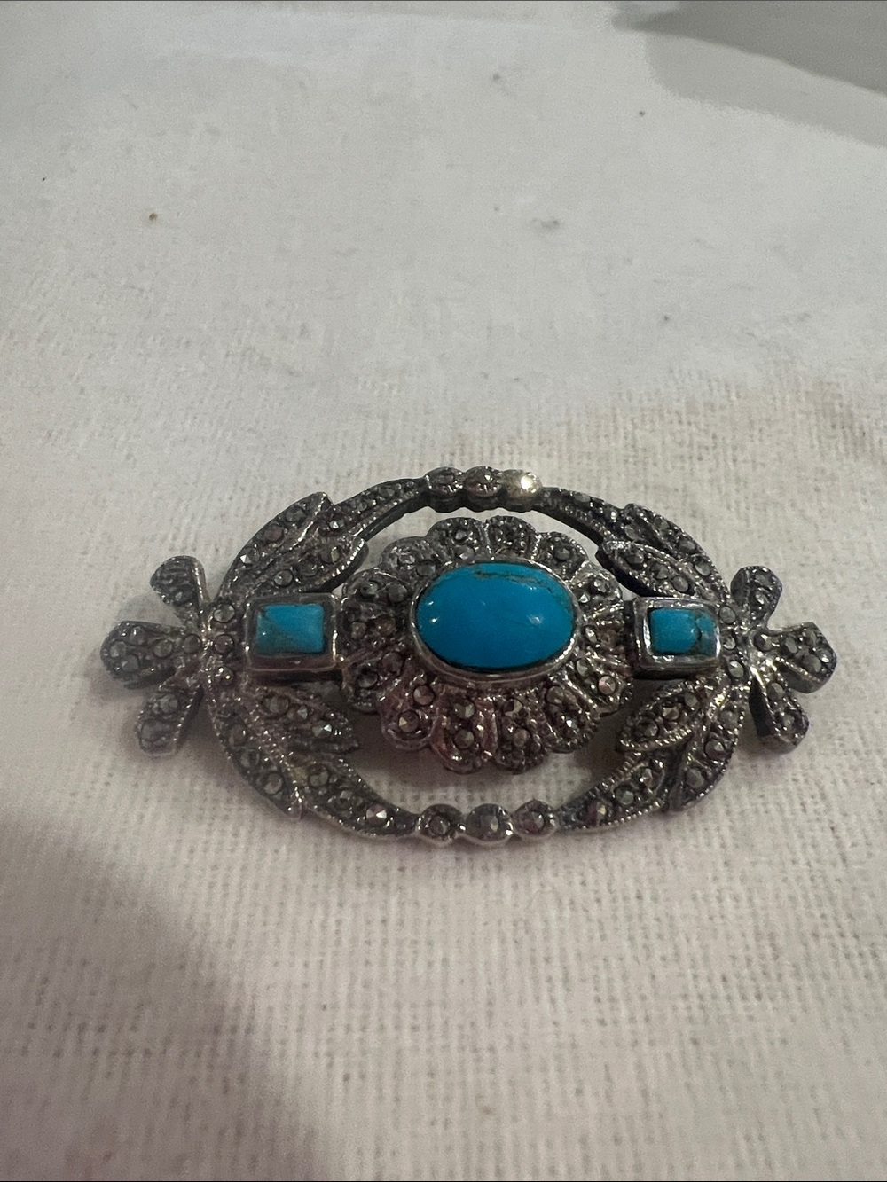 B#5vintage Art Deco style sterling silver (.925) turquoise and marcasite brooch